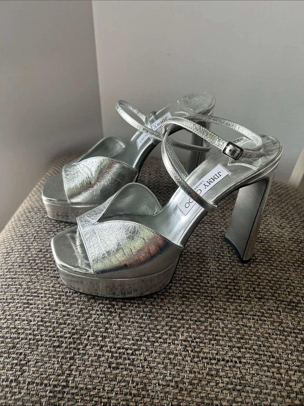 Jimmy Choo Karli 125 Silver Metallic Platform Sandals Disco Glam 39 Disco Glam